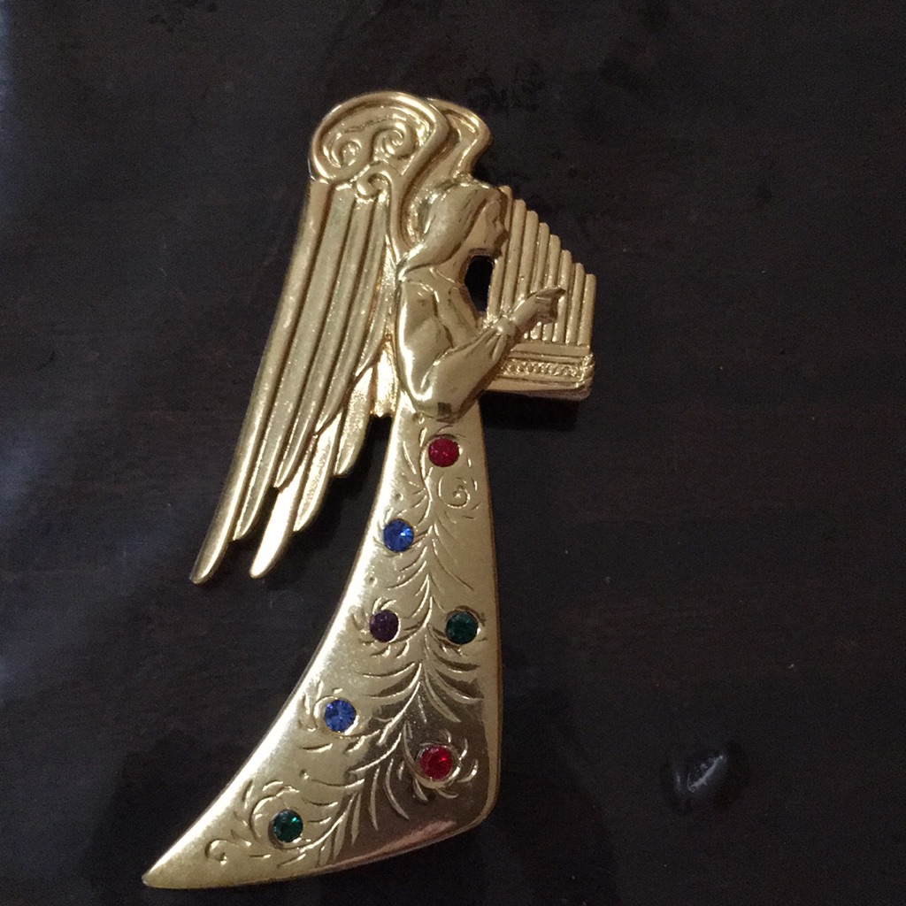 Jj Jonette Angel Playing Harp Christmas Pin.